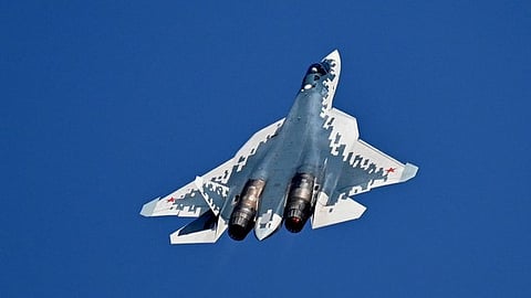 11/02/2025/Karnataka/Bengaluru/ SU-57 at flying display during Aero India 2025 at Yelahanka Air Force Station in Bengaluru on Tuesday. Express/ Shashi