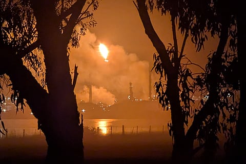 This handout photo taken and released by Giuliana Elakis on April 16, 2026 shows a fire at the Viva Oil Refinery in Geelong.
