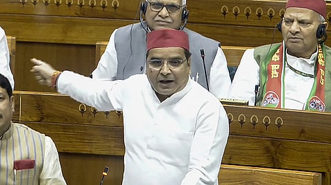 In this image from April 16, 2026, Samajwadi Party MP Dharmendra Yadav is seen speaking during the special session on Constitution Amendment Bill in Lok Sabha.