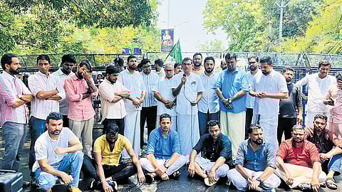 Youth League members stage protest at the Kannur City Police Commissioner’s office demanding the arrest of the two faculty members who are accused of abetting the suicide of first-year BDS student Nithin Raj