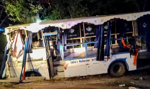 : Mangled remains of a bus lies on a roadside after overturned, killing at least six people and injuring 21 others among devotees who were returning from Anandpur Sahib, in Fatehgarh Sahib, Punjab, Wednesday, April 15, 2026.