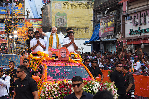 Prime Minister Narendra Modi during a roadshow at Nagercoil in Kanyakumari district on Wednesday, campaigning in support of NDA candidates for the upcoming Assembly elections.