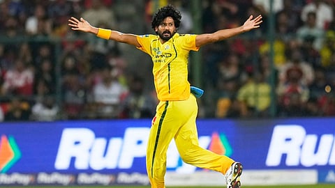 CSK' Khaleel Ahmed appeals unsuccessfully for the wicket of RCB's captain Rajat Patidar during the IPL cricket match between Chennai Super Kings and Royal Challengers Bengaluru on Sunday, April 5, 2026.