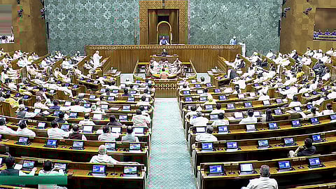 Lok Sabha Speaker Om Birla conducts proceedings in the House during the special session of Parliament in New Delhi, Thursday, April 16, 2026.