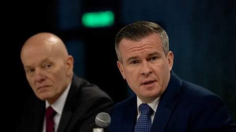 The World Anti-Doping Agency's President Witold Bańka (right) and Director of Intelligence & Investigations Gunter Younger address a news conference in New Delhi, India