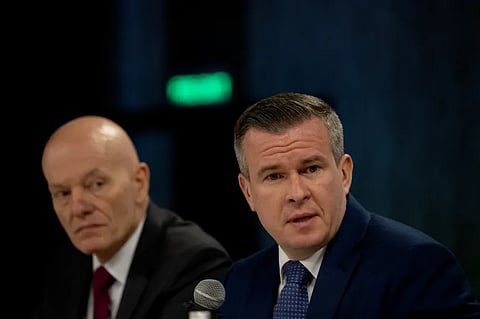 The World Anti-Doping Agency's President Witold Banka (right) and Director of Intelligence & Investigations Gunter Younger address a news conference in New Delhi, India