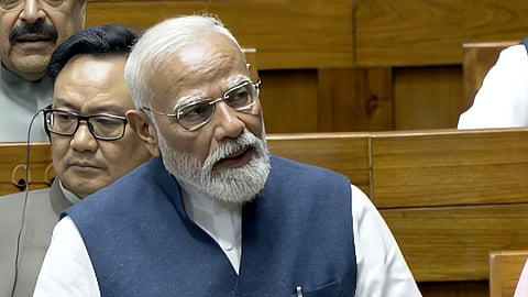 PM Modi speaking during a marathon debate on delimitation, women's quota bills in Lok Sabha on April 16, 2026.