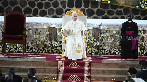 Pope Leo XIV leads a meeting for peace at Saint Joseph's Cathedral in Bamenda, Cameroon, with the local community, on the fourth day of his 11-day pastoral visit to Africa.