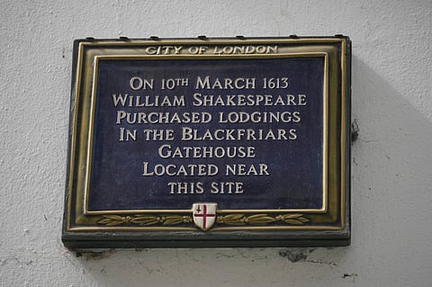 A plaque erected by the City of London to commemorate where William Shakespeare lived on a wall is pictured inLondon, Wednesday, April 15, 2026 he purchased lodgings in the Blackfriars Gatehouse, which was located close by.