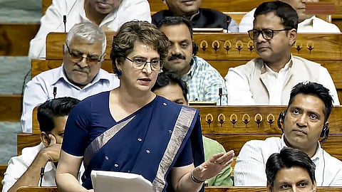 Congress MP Priyanka Gandhi Vadra speaks in the Lok Sabha during the Special session of Parliament, in New Delhi, Thursday, April 16, 2026.