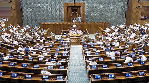 Lok Sabha Speaker Om Birla conducts proceedings in the House during the special session of Parliament in New Delhi, Friday, April 17, 2026.