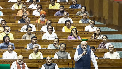 Prime Minister Narendra Modi speaks in the Lok Sabha during the special session of Parliament in New Delhi, Thursday, April 16, 2026.