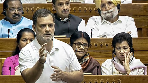 Leader of Opposition in Lok Sabha Rahul Gandhi speaks in the House during the special session of Parliament, in New Delhi, Friday, April 17, 2026.