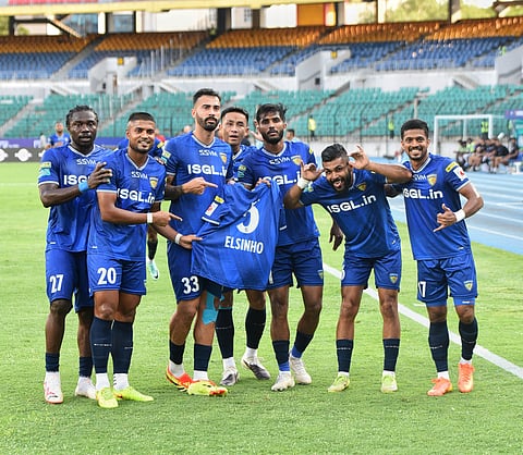 Chennayin players celebrating Farukh Choudhury's goal on Friday