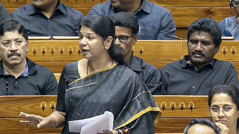 DMK MP Kanimozhi Karunanidhi speaks in the Lok Sabha during the special session of Parliament in New Delhi, Friday, April 17, 2026.