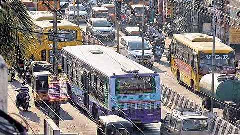 Traffic snarls on the narrow MTH road at Thirumullaivoyal in Chennai.