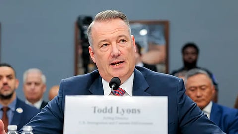Todd Lyons, acting director of Immigration and Customs Enforcement, testifies in the Rayburn House Office Building on April 16, 2026 in Washington, DC.