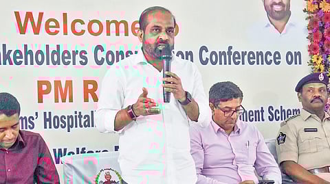 Health Minister Y Satya Kumar Yadav during the State level stakeholders conference on PM RAHAT at NTR Health University in Vijayawada