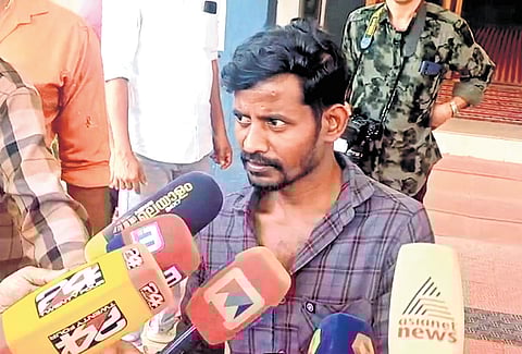 Udayakumar, who was rescued from bonded labour in Karnataka, speaking to media after he was handed over to the district administration on Saturday.