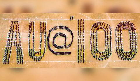 Ahead of its centenary valedictory, students and faculty of Andhra University form a human chain spelling ‘AU @100’ at the Golden Jubilee Grounds in Vizag