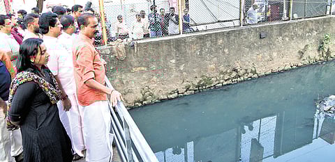 Mayor V V Rajesh inspecting the Pazhavangadi Canal near Thakaraparambu to assess the pre-monsoon sanitation drive in Thiruvananthapuram on Saturday.