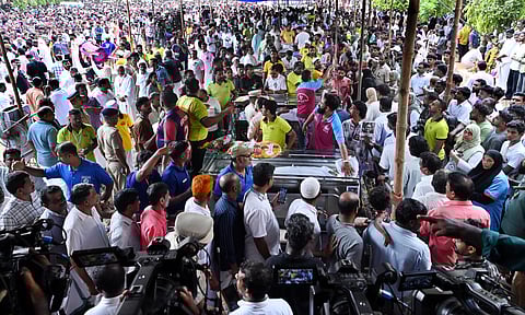 A massive gathering at Ambalaparamb Government High School ground as people pay their final respects to the teaching and non-teaching staff of Kuruva GLPS and GUP School Pang who died in Valaparai tragedy after their mortal remains were brought for public homage.