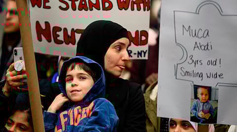 Demonstrators take part in a protest against growing Islamophobia in Times Square in New York City on March 24, 2019.