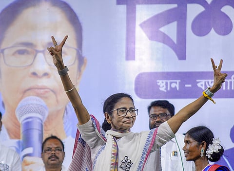West Bengal Chief Minister Mamata Banerjee addresses a public meeting ahead of the Assembly election.