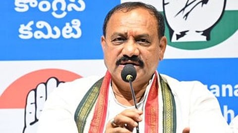 TPCC President and MLC Mahesh Kumar Goud addressing a press conference.