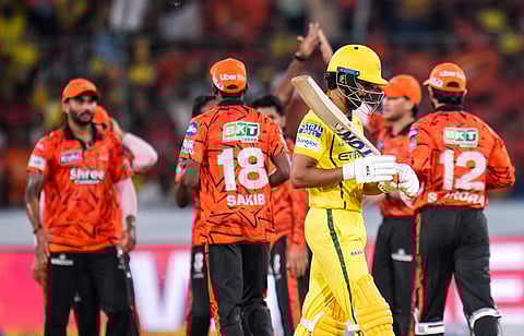 SRH's Eshan Malinga celebrates after dismissing CSK's captain Ruturaj Gaikwad during the IPL 2026 T20 cricket match between Sunrisers Hyderabad and Chennai Super Kings, in Hyderabad, Telangana, Saturday, April 18, 2026.