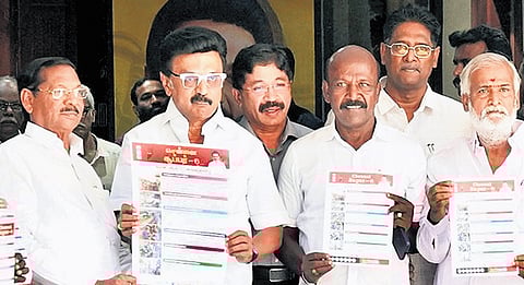 DMK president and Chief Minister MK Stalin releasing the election special manifesto for Chennai, at Anna Arivalayam in the city on Sunday.