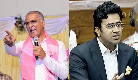 Former Telangana minister T Harish Rao (L) and Karnataka BJP MP Tejasvi Surya.