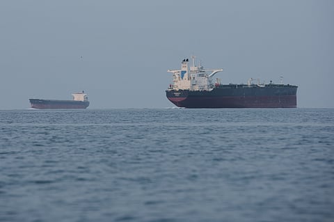 Tankers anchored in the Strait of Hormuz off the coast of Qeshm Island, Iran, Saturday, April 18, 2026.