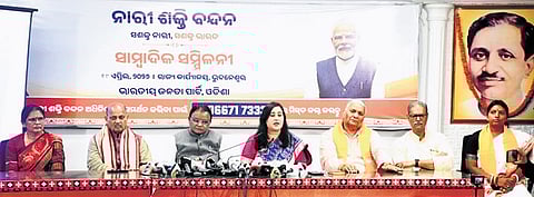 CM Mohan Charan Majhi and BJP MP Bansuri Swaraj addressing the media at state BJP office