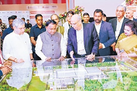 CM Mohan Charan Majhi and Union IT minister Ashwini Vaishnaw taking a look at the miniature map of the 3D chip packaging unit at Infovalley-II in Bhubaneswar