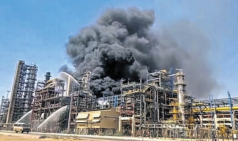 Firefighters douse the blaze at HPCL’s refinery in Balotra, Rajasthan on Monday | PTI
