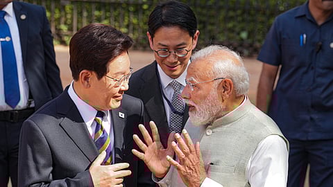 Prime Minister Narendra Modi in a conversation with South Korean President Lee Jae Myung.