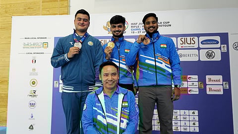 India's gold medal winner Shiva with Chirag Sharma on Tuesday