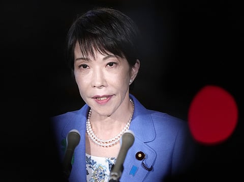 Japan’s Prime Minister Sanae Takaichi speaks to reporters at her office in Tokyo Monday, April 13, 2026, after holding telephone talks with her Pakistani counterpart Shehbaz Sharif.