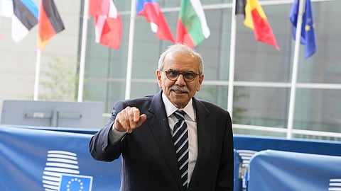 Lebanon's Prime Minister Nawaf Salam arrives for a meeting of EU foreign ministers at the European Council building in Luxembourg, Tuesday, April 21, 2026.
