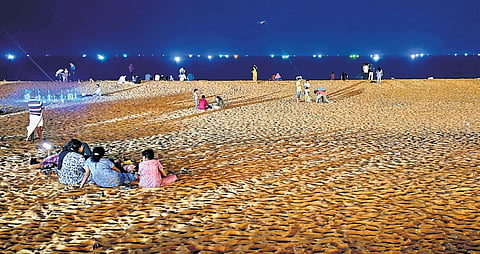 Night fishing under lights as sardines move to deeper waters during the heatwave, forcing fishermen to lure them to the surface. A view from St Andrews beach in Thiruvananthapuram