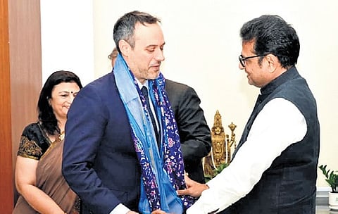 IT & Industries Minister D Sridhar Babu meets a team led by Italian Ambassador Antonio Bartoli at the Secretariat in Hyderabad on Tuesday