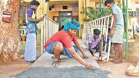 Ramp getting ready for Wheel-Chair movement at Seva Sangam Girls School in Tiruchy on Tuesday.