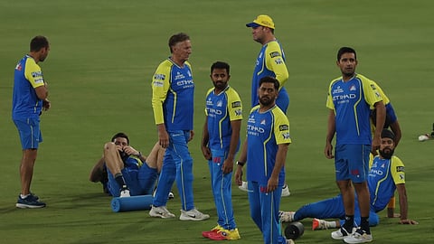MS Dhoni (3rd from R) training with CSK team in Hyderabad