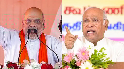 Union Home Minister Amit Shah (L) and Congress President Mallikarjun Kharge (R).