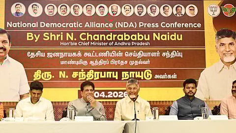 CM Nara Chandrababu Naidu addressing the media in support of NDA contestants in Chennai on Tuesday.