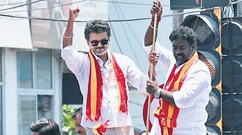 TVK chief Vijay at a road show in Palavakkam.