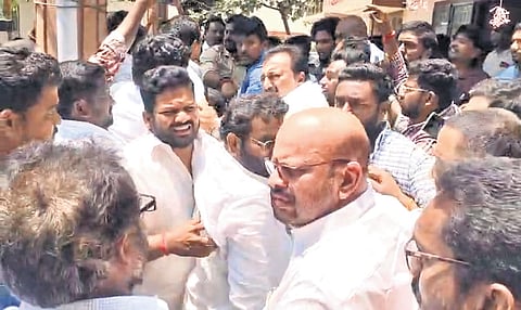 TDP & JSP leaders argue over missing CM photo on a banner in Pithapuram