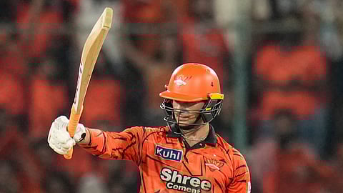 Sunrisers Hyderabad's Abhishek Sharma celebrates his century during the IPL 2026 T20 cricket match between Sunrisers Hyderabad and Delhi Capitals, in Hyderabad, Tuesday, April 21, 2026.