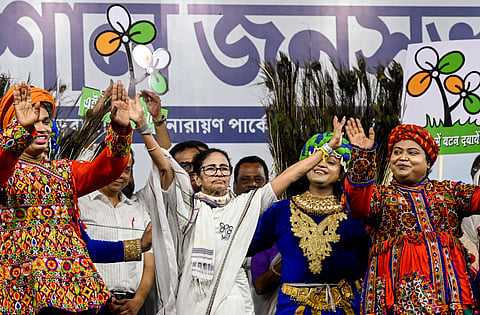 West Bengal Chief Minister and TMC supremo Mamata Banerjee during an election campaign in support of party candidate for Jorasanko constituency Vijay Upadhyay ahead of the West Bengal Assembly elections, in Kolkata, Tuesday, April 21, 2026.